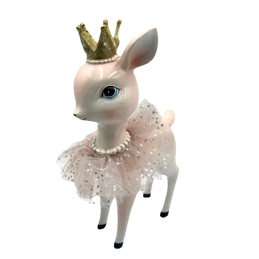 Bella Lux Pink Deer Figurine 10 Inch Crown Tulle Skirt Christmas Decor Princess